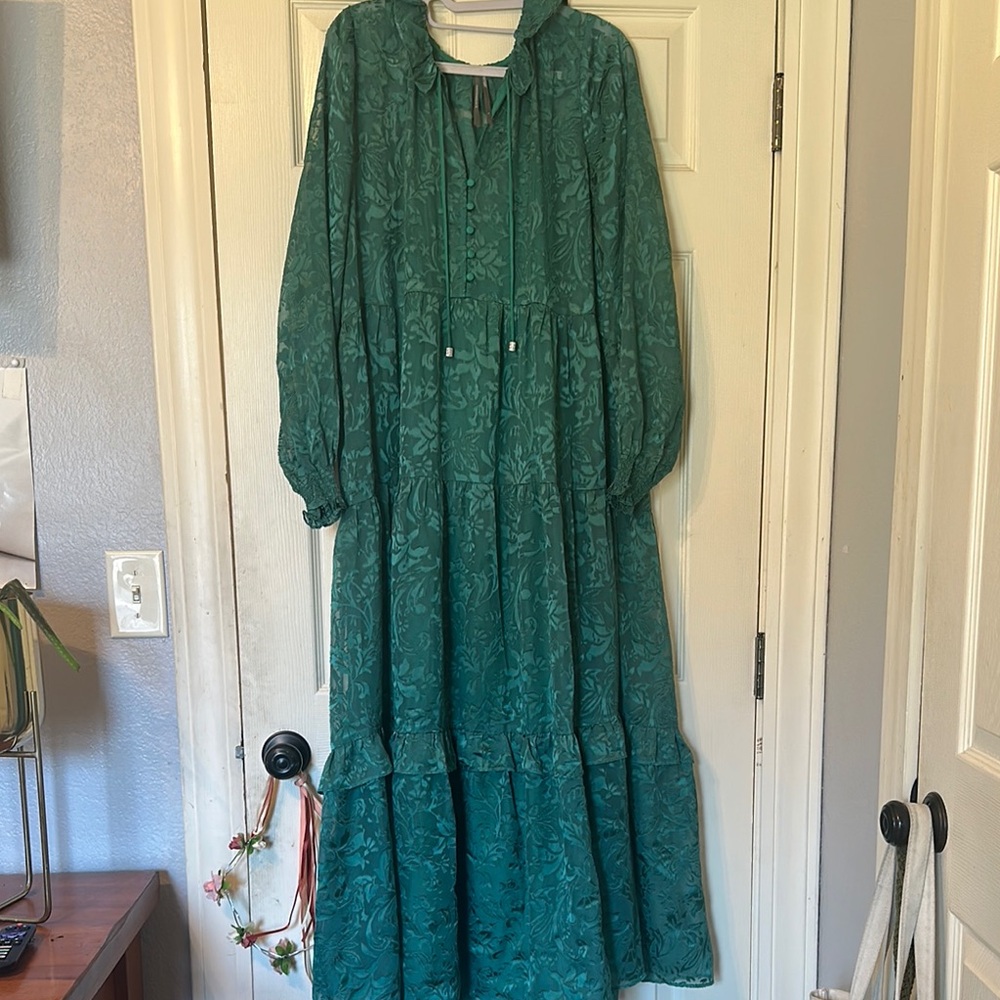 Anthropologie Green Tiered Maxi Dress with Bishop Sleeves